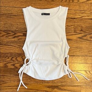 Zara White Ribbed Side-Tie Tank Top